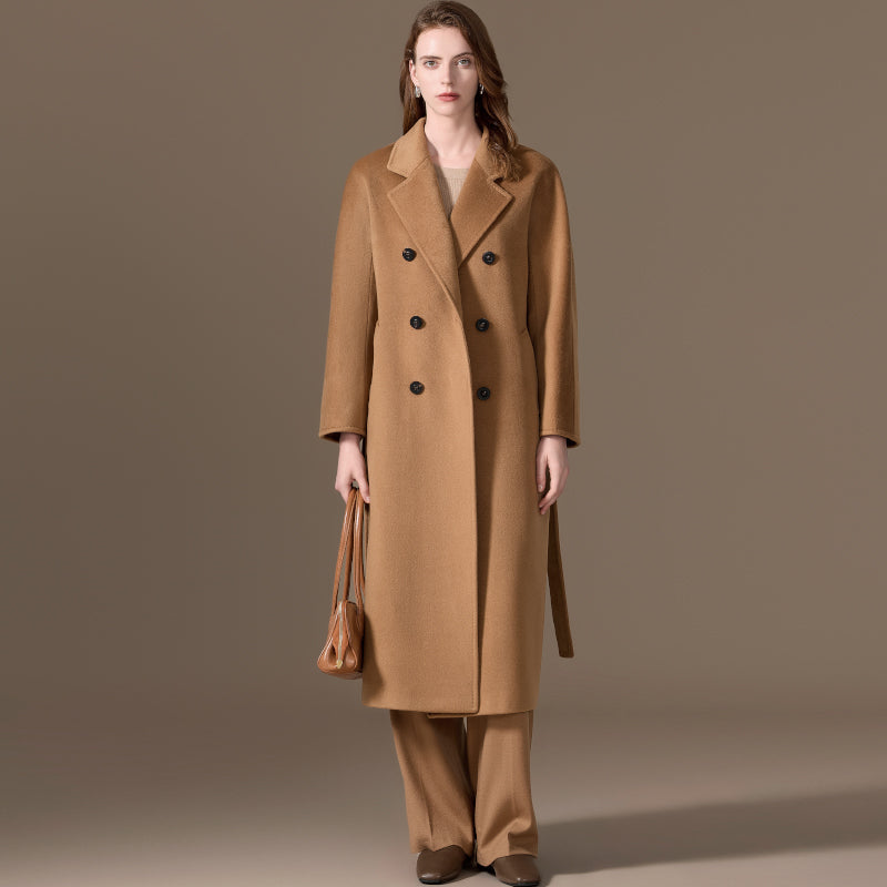100% Cashmere Double-Breasted Belted Long Coat