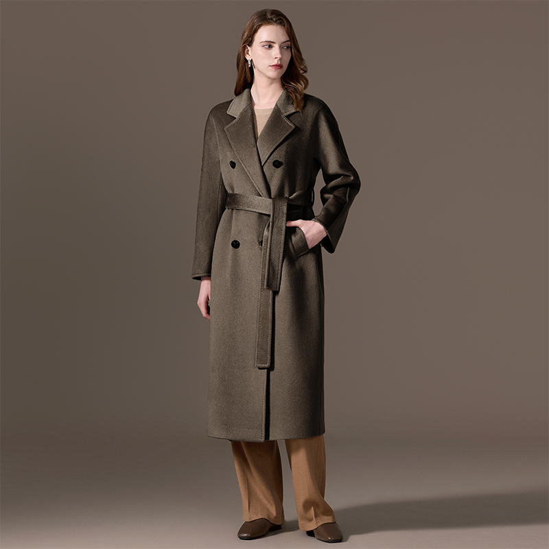 100% Cashmere Double-Breasted Belted Long Coat