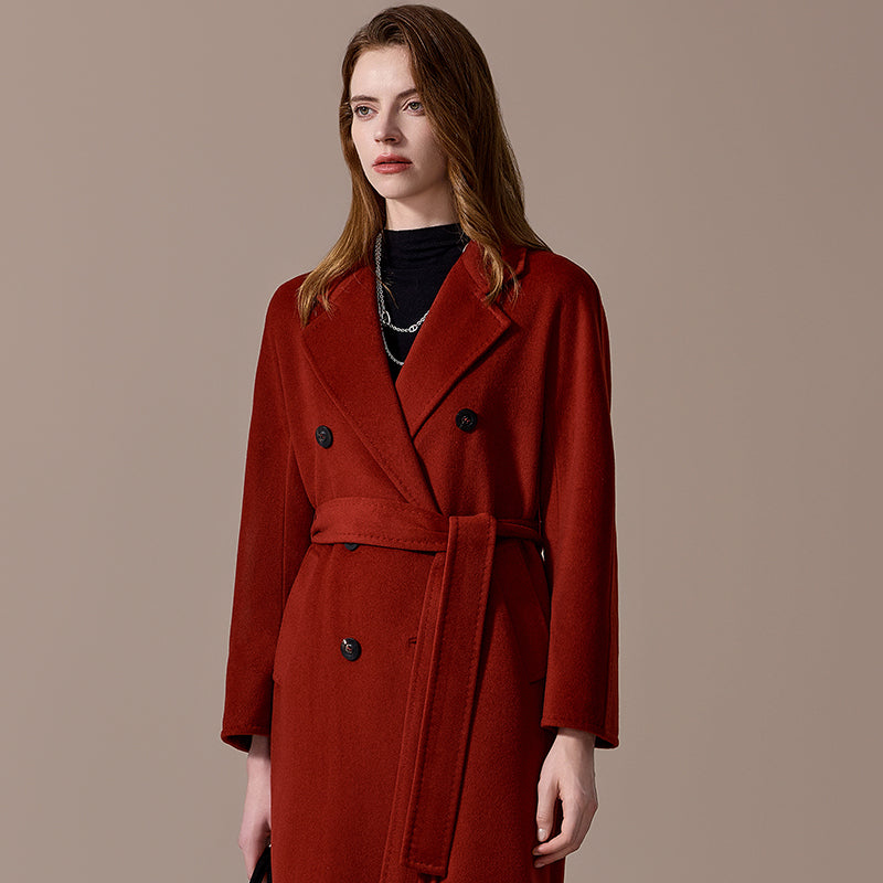 100% Cashmere Double-Breasted Belted Long Coat