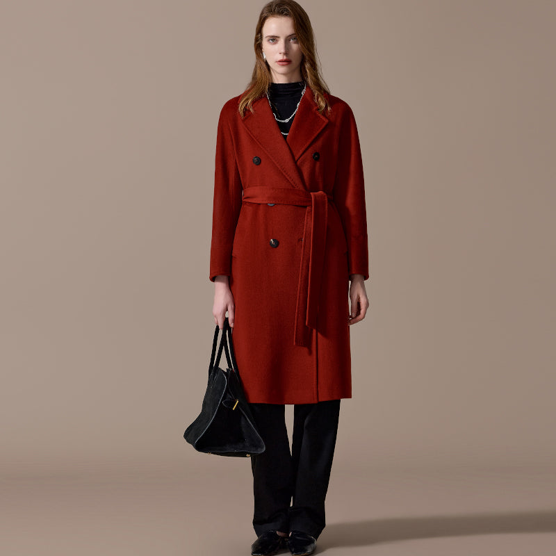 100% Cashmere Double-Breasted Belted Long Coat