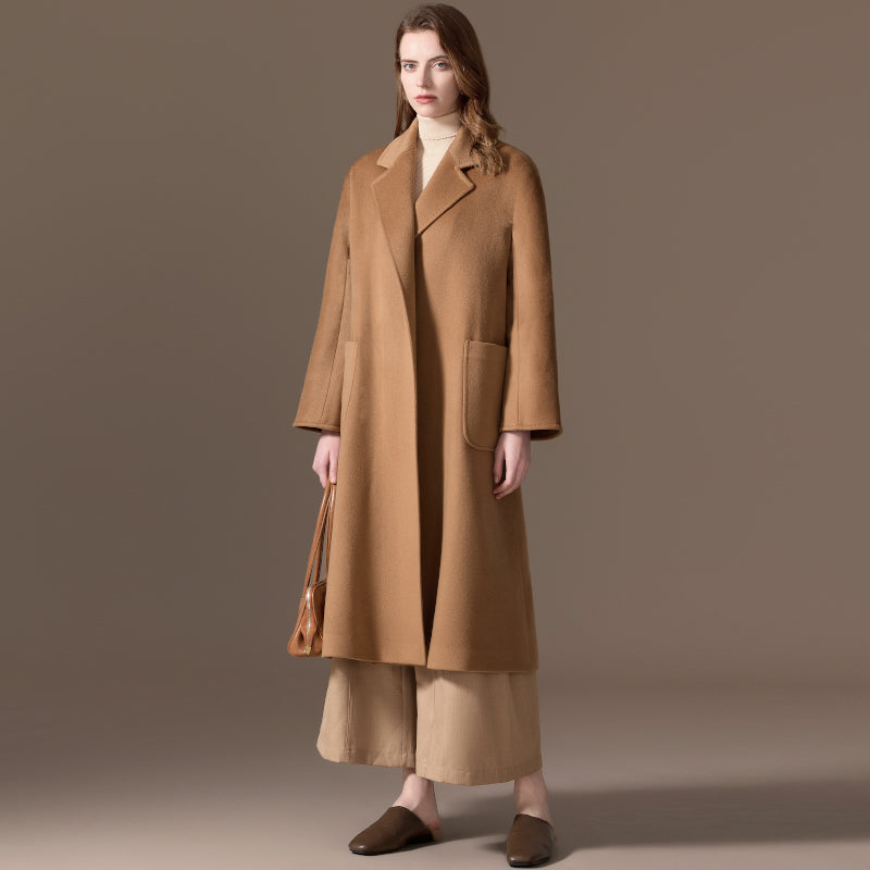 100% Cashmere Belted Long Coat with Notched Lapels