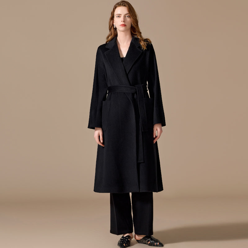 100% Cashmere Belted Long Coat with Notched Lapels