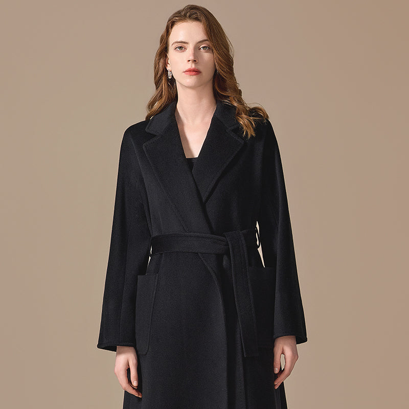 100% Cashmere Belted Long Coat with Notched Lapels