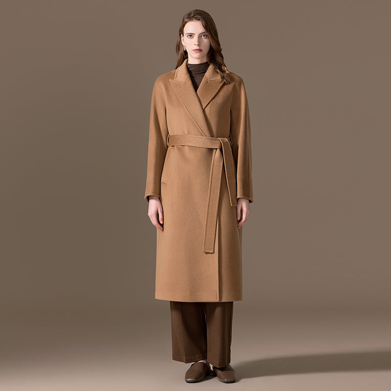 100% Cashmere Longline Wrap Coat with Waist Belt
