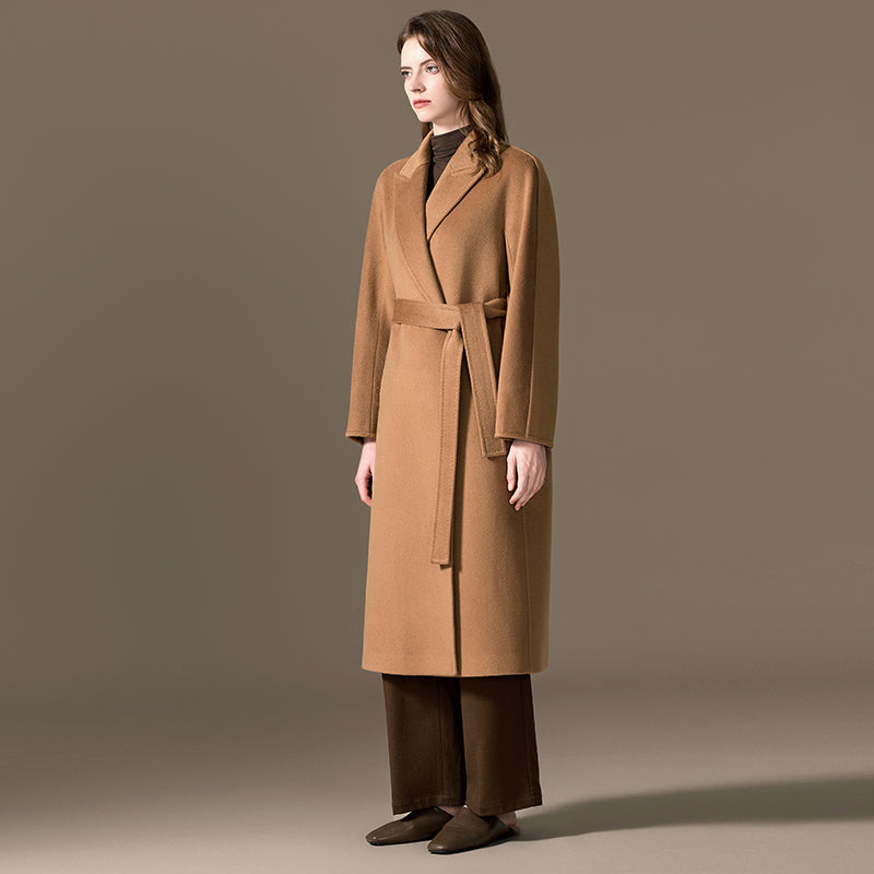 100% Cashmere Longline Wrap Coat with Waist Belt