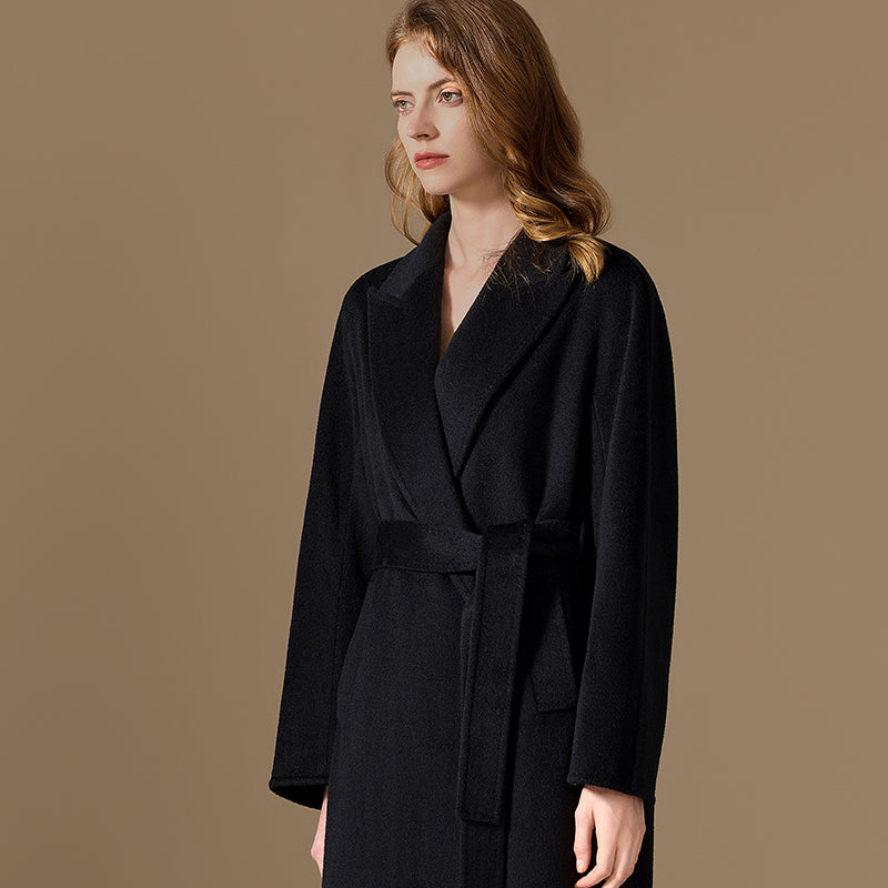 100% Cashmere Longline Wrap Coat with Waist Belt