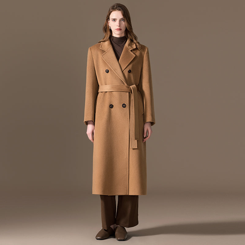 100% Cashmere Double-Breasted Horn-Button Long Coat