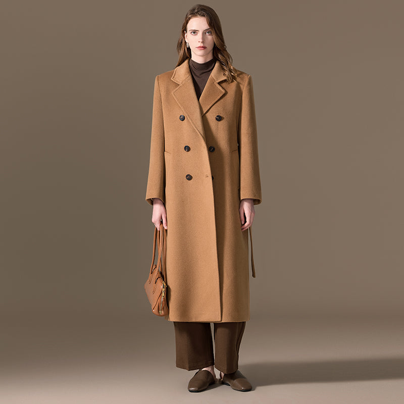 100% Cashmere Double-Breasted Horn-Button Long Coat