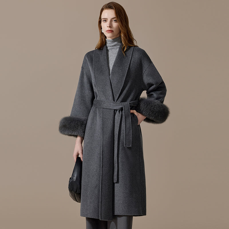100% Cashmere Belted Coat with Fox-Fur Cuffs