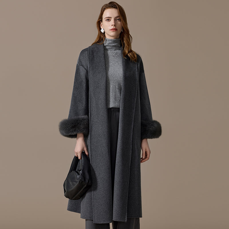 100% Cashmere Belted Coat with Fox-Fur Cuffs