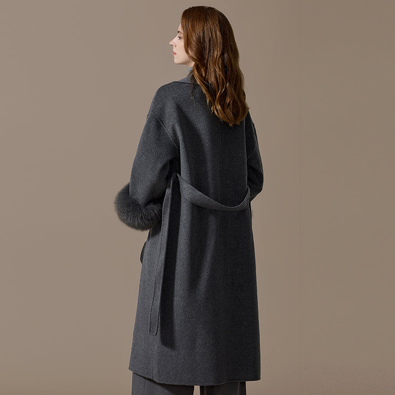 100% Cashmere Belted Coat with Fox-Fur Cuffs
