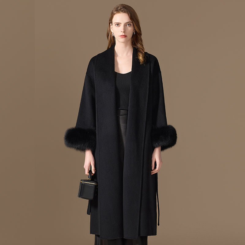 100% Cashmere Belted Coat with Fox-Fur Cuffs