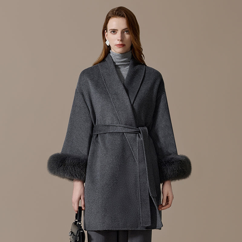 100% Cashmere Mid-Length Coat with Fox-Fur Cuffs