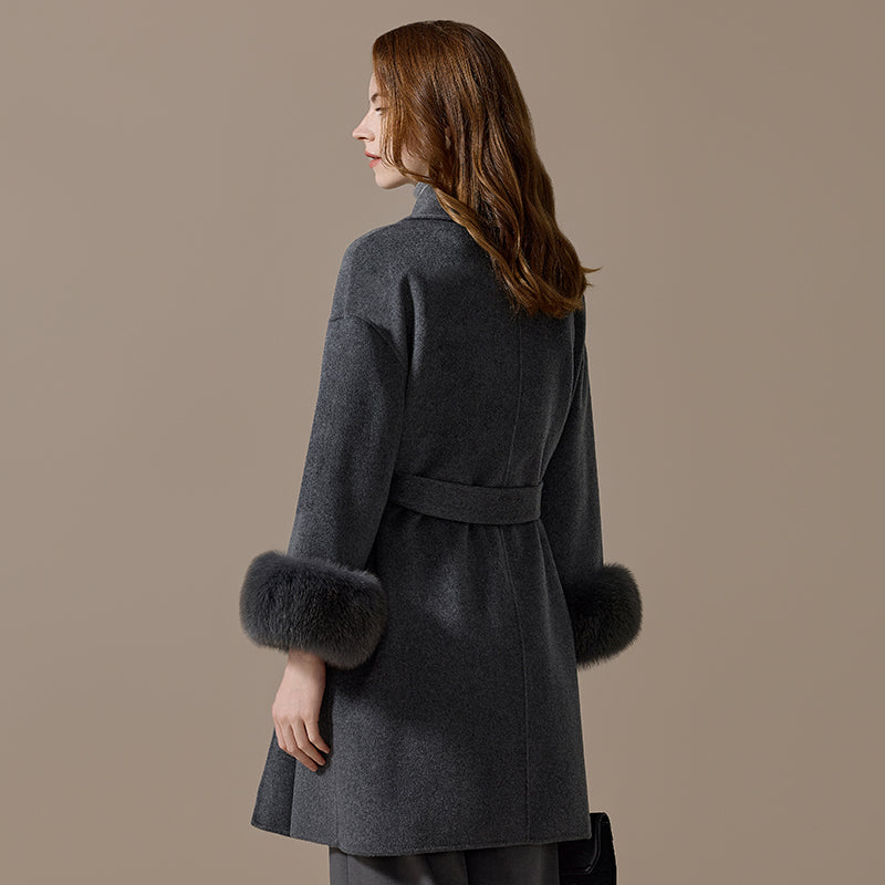100% Cashmere Mid-Length Coat with Fox-Fur Cuffs