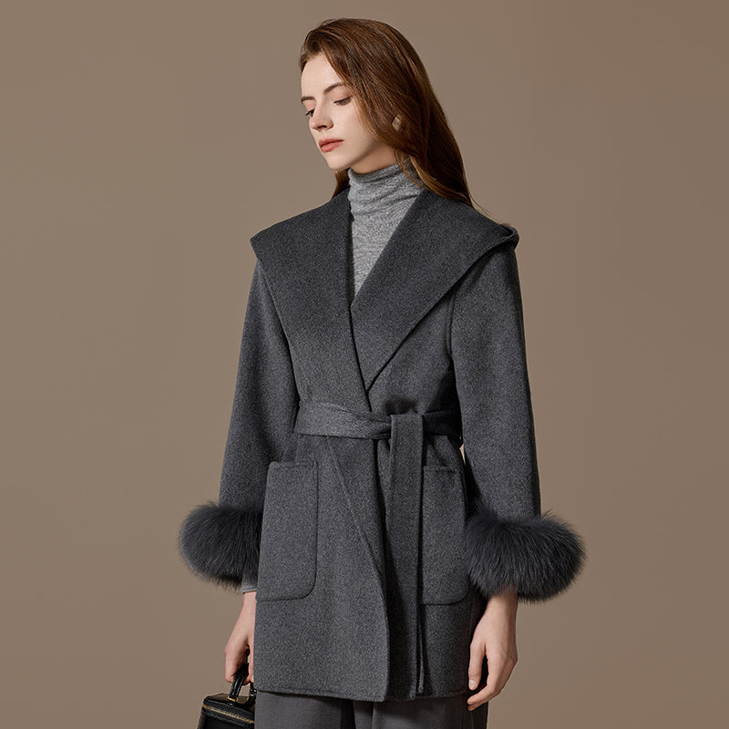 Women’s 100% Cashmere Hooded Belted Coat with Fox Fur Cuffs
