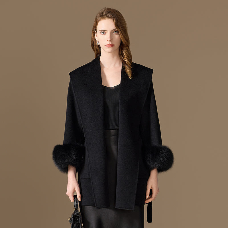 Women’s 100% Cashmere Hooded Belted Coat with Fox Fur Cuffs