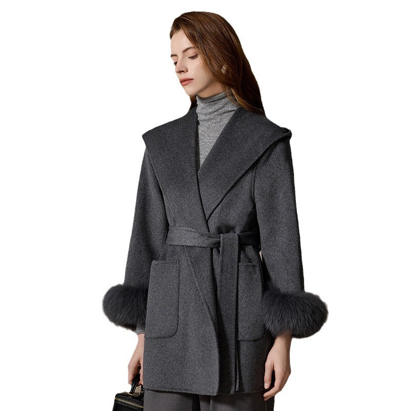 Women’s 100% Cashmere Hooded Belted Coat with Fox Fur Cuffs