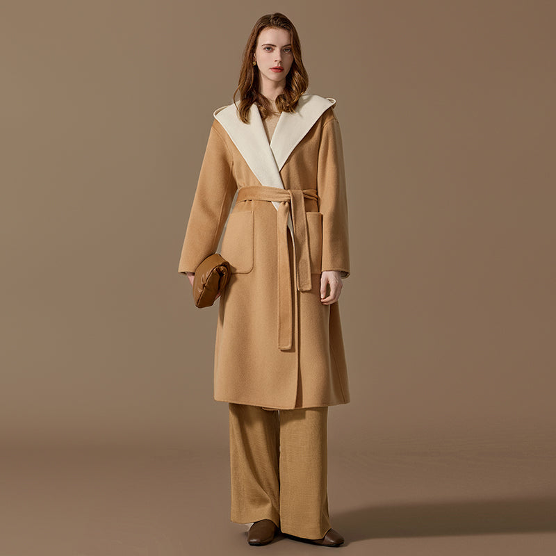 Women’s 100% Cashmere Reversible Hooded Belted Long Coat