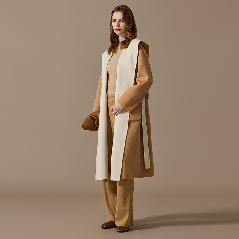 Women’s 100% Cashmere Reversible Hooded Belted Long Coat