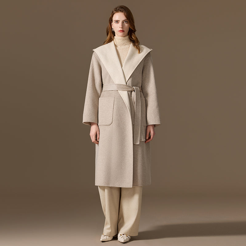Women’s 100% Cashmere Reversible Hooded Belted Long Coat
