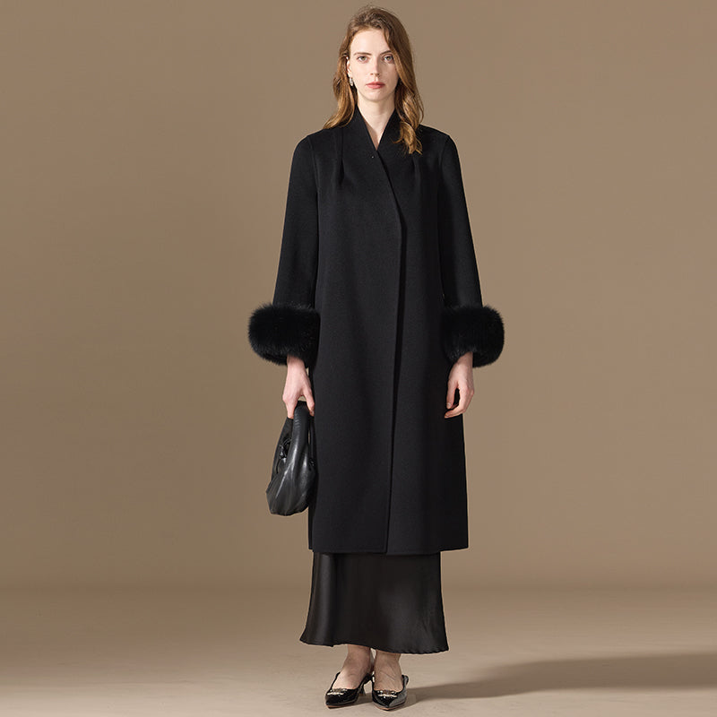 Women’s 100% Cashmere Belted Long Coat with Fox Fur Cuffs