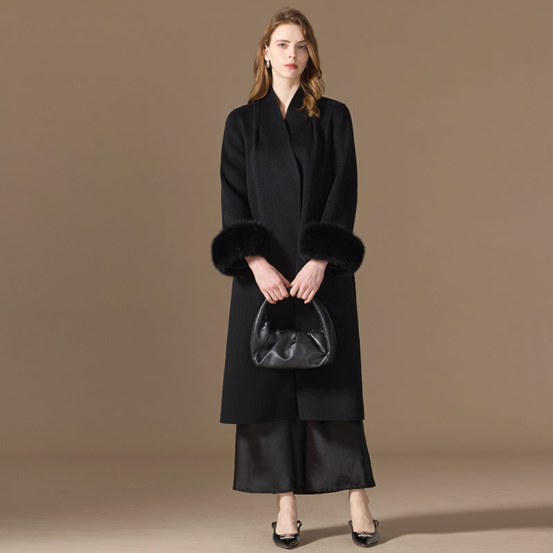 Women’s 100% Cashmere Belted Long Coat with Fox Fur Cuffs