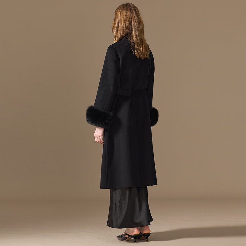 Women’s 100% Cashmere Belted Long Coat with Fox Fur Cuffs