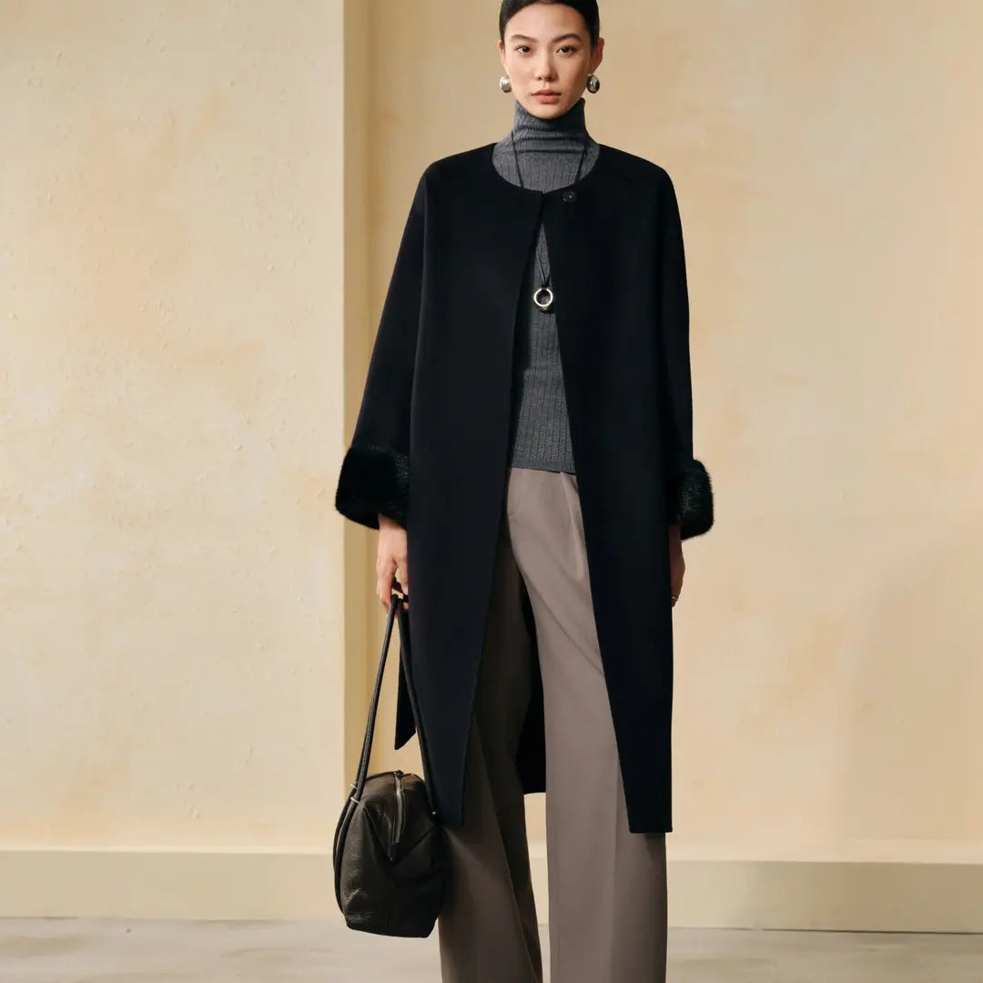 100% Cashmere Mink-Cuff Belted Long Coat