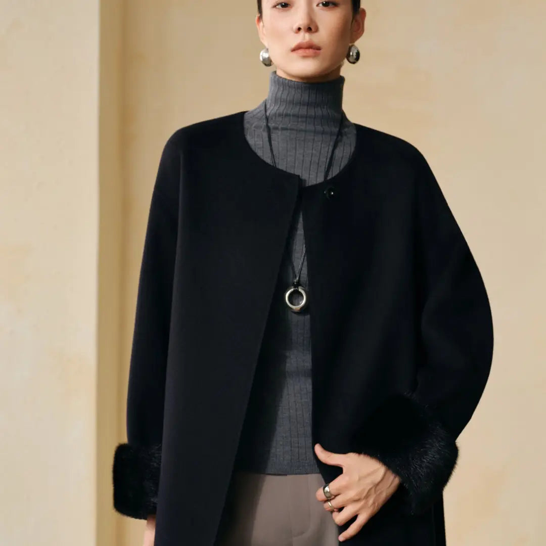 100% Cashmere Mink-Cuff Belted Long Coat