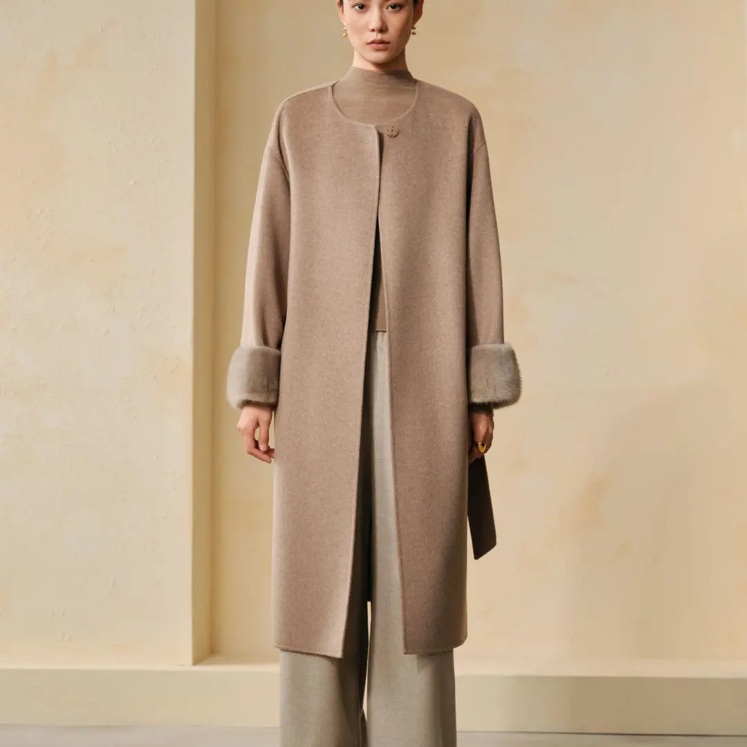100% Cashmere Mink-Cuff Belted Long Coat