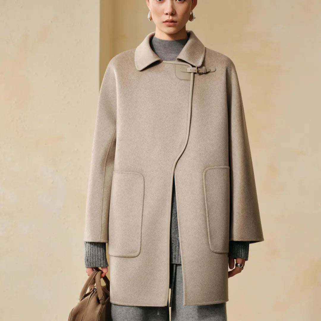 100% Cashmere Leather-Trim Belted Coat