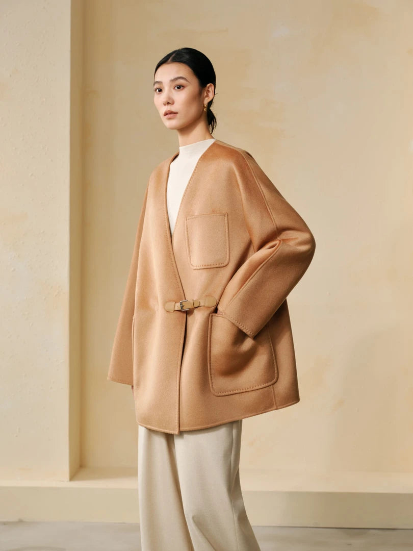 100% Cashmere V-Neck Leather-Buckle Jacket