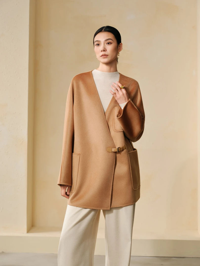 100% Cashmere V-Neck Leather-Buckle Jacket