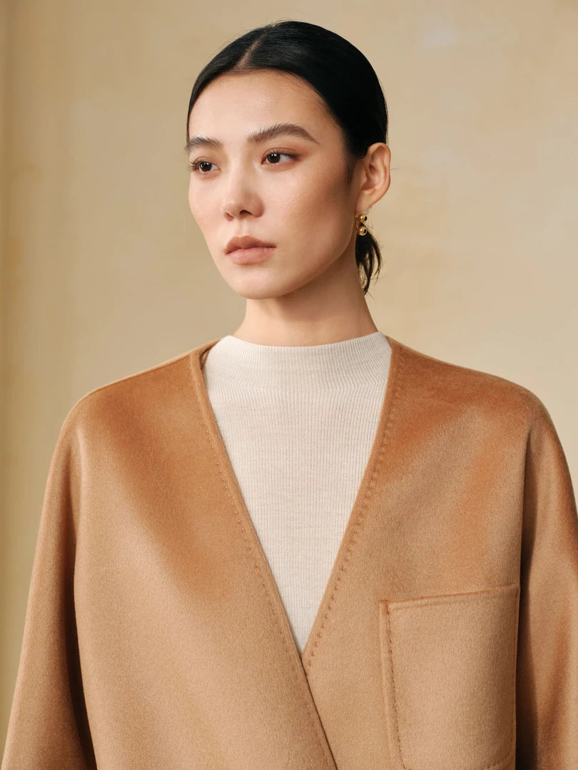 100% Cashmere V-Neck Leather-Buckle Jacket