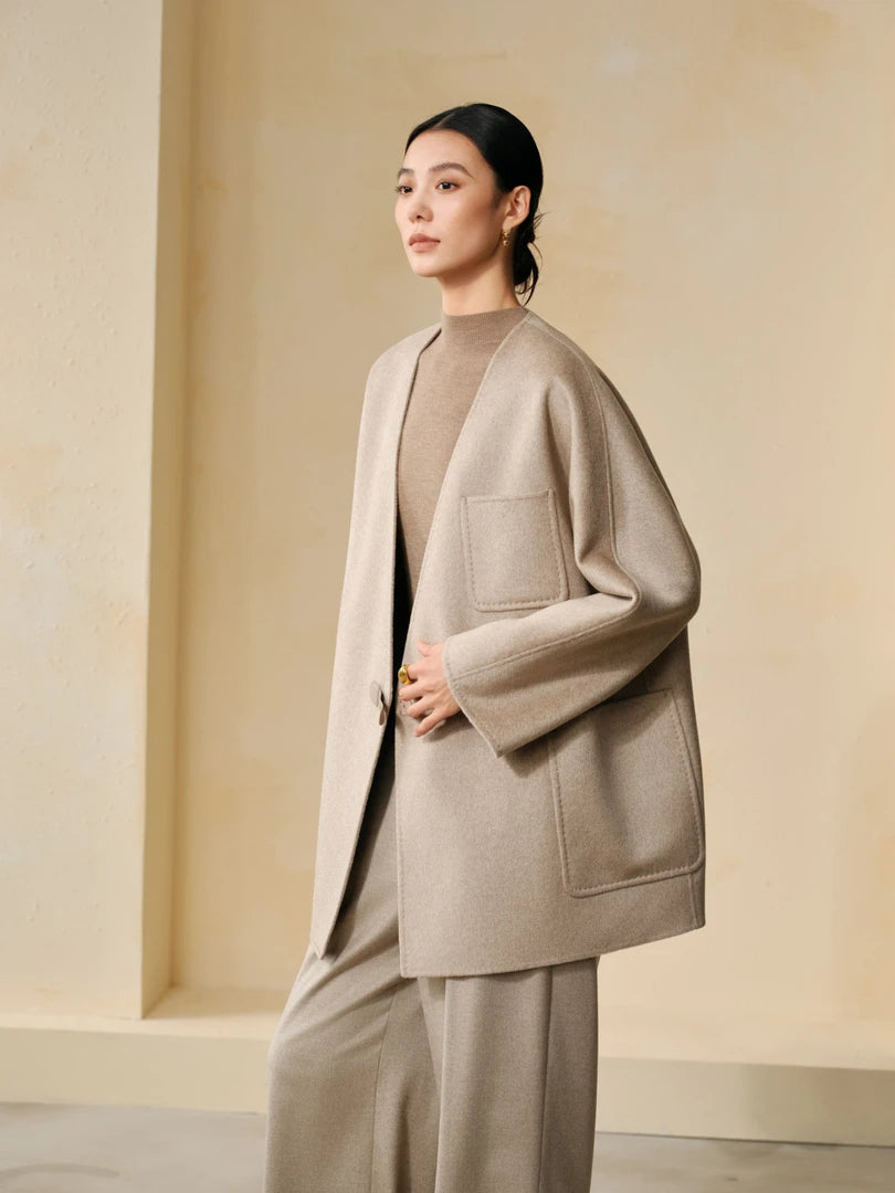 100% Cashmere V-Neck Leather-Buckle Jacket