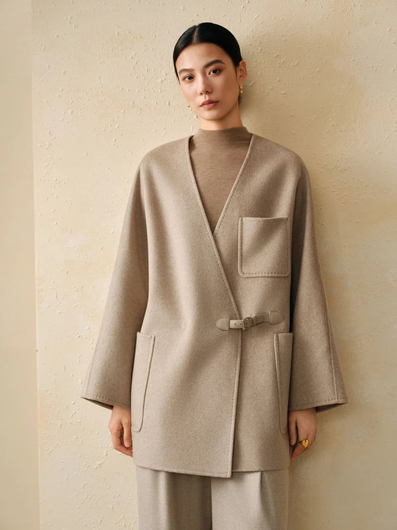100% Cashmere V-Neck Leather-Buckle Jacket