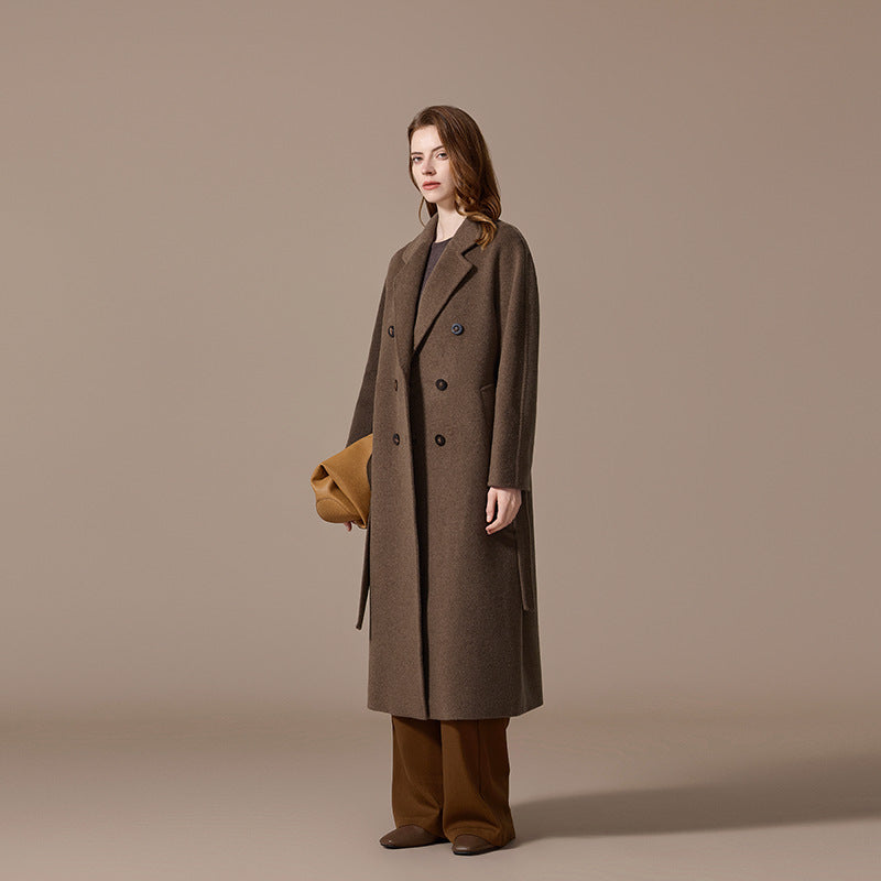 100% Cashmere Double-Breasted Belted Long Coat