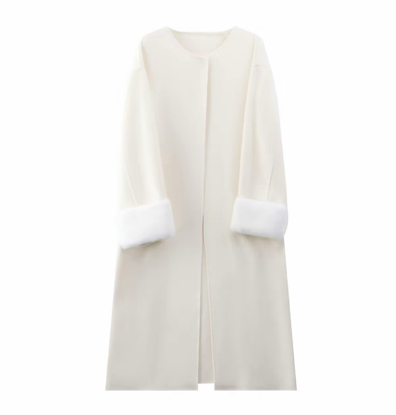 100% Cashmere Mink-Cuff Belted Long Coat